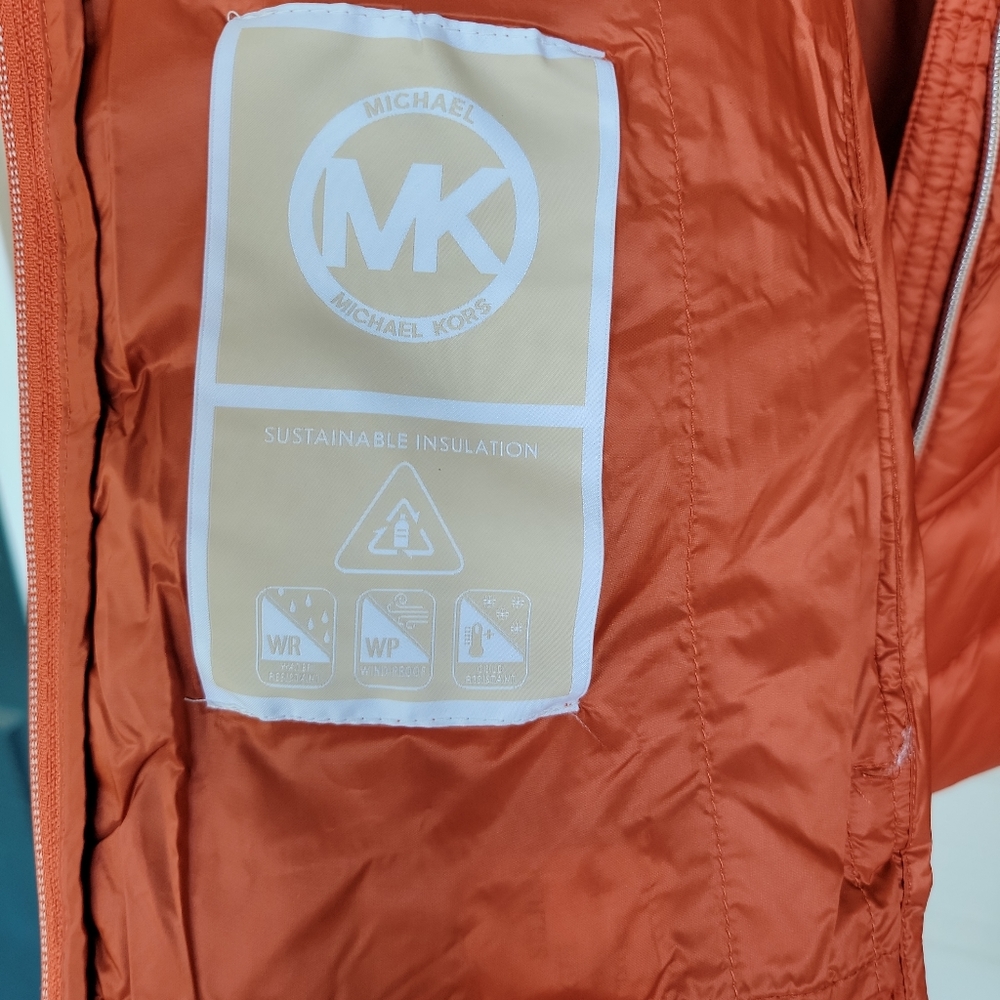 NWT MICHAEL KORS WOMENS PLUS SIZE PACKABLE DOWN HOODED PUFFER COAT SIZE L ORANGE - Picture 7 of 12